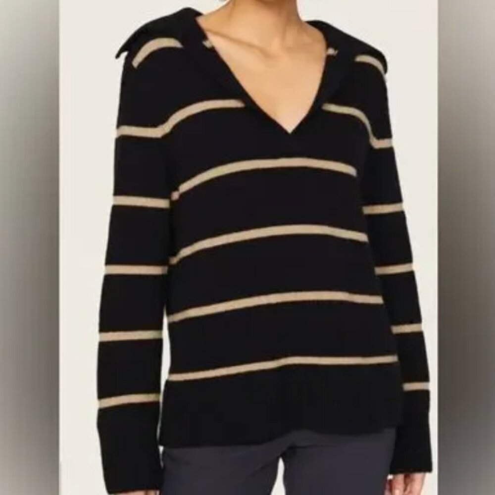 Vince Navy Blue Wool Cashmere Johnny Collar Striped Sweater Size L